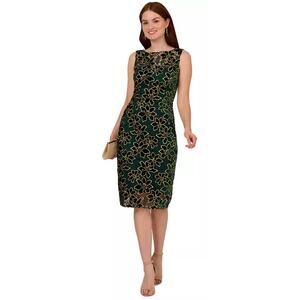 NEW Adrianna Papell Midi Sheath Dress Size 14 Green Floral Metallic Boat Neck